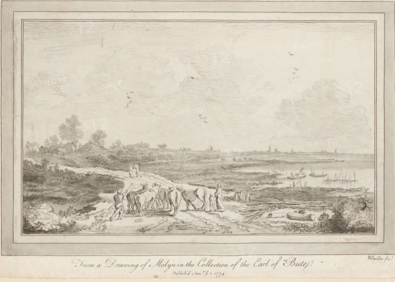 Landscape with herd of oxen, print, album page, printmaker: William Baillie, after drawing by Pieter de Molijn, 1774-01-01, paper, paste, print drawing, crayon manner, etching, rocker stamped, etching in crayon manner, etching and rocker, pasted on album page, height 225 mm x width 321 mm, landscapes, herd, flock, A wide pencil landscape framed by a double border shows a flat riverside scene with expansive skies filled with faint cloud shading and groups of small birds. In the foreground a dirt track runs diagonally with a group of oxen being driven by several figures, one person walking beside them and another standing nearby. To the left low rolling vegetation and clustered trees surround a small cluster of thatched cottages set on a slight rise. Toward the center and right the marshy riverside stretches into the distance with reed beds, a few small boats on the water, and tiny figures in and near the boats. Far on the horizon silhouettes of windmills and low buildings are visible, a...