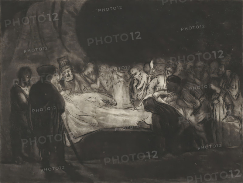 The Entombment of Christ, print, album page, printmaker: William Baillie, after painting by Rembrandt van Rijn, 1753 - 1810, paper, paste, mezzotint, etching, mezzotint and etching, pasted on album page, height 249 mm x width 309 mm, Christ's entombment (possibly by angels), A large rectangular framed drawing shows a dim interior scene with a group of people gathered around a central horizontal form covered by a draped cloth. The figures are rendered in soft charcoal tones and appear in various seated and standing poses along the edges of the central cloth, with some leaning forward and others turned toward it. On the left, darker silhouettes of two standing figures face the scene, one wearing a rounded cap. Toward the center and right, a mix of seated and standing figures display varied headwear and draped garments, with a few faces shown in profile and others more frontal. The cloth on the central form has visible folds and a hand rests upon it near its edge. The background above the...