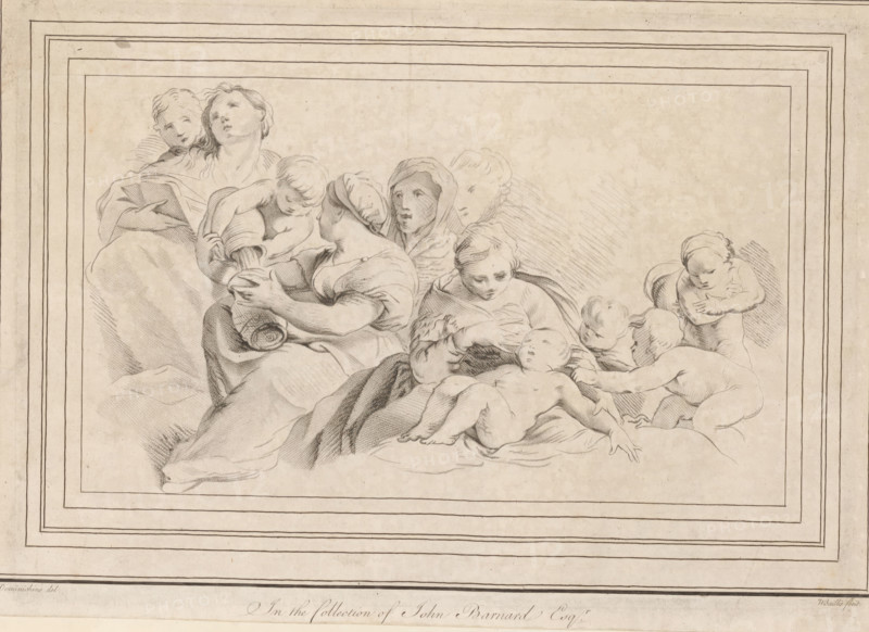 Worried mother and the sick child, print, album page, A woman bends over a sick child in her arms. Behind her are several women and children. A mother helps a child pour a liquid from one jug into another. Behind her, a woman is reading from a book., printmaker: William Baillie, after drawing by Domenichino, 1753 - 1810, paper, paste, crayon manner, etching, etching in crayon manner, pasted on album page, height 218 mm x width 302 mm, mother and baby or young child, motherhood, A horizontal pencil sketch framed by several parallel rectangular borders shows a group of seated and reclining figures clustered toward the lower center. Several adult women with draped garments and veiled or loose hair occupy the left and center, their faces turned in various directions and hands engaged in holding a small vessel and supporting children. Multiple infants with rounded bodies and soft features lie and reach across a blanket or cloth in the foreground, some being held by the women and others lean...