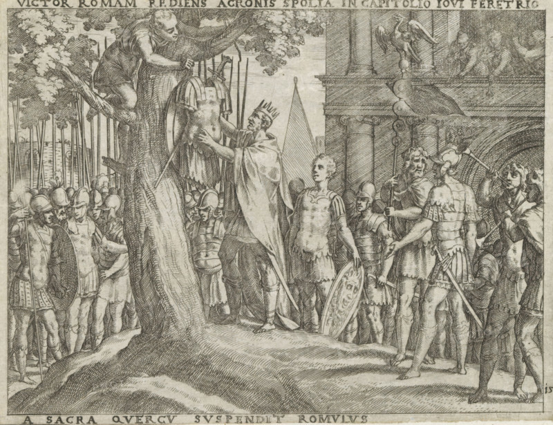 Victor Romam, Suspendit Romulus, Romulus hangs the armor of Acron in a sacred tree on the Capitol, Life of Romulus and Remus, print, album page, Series number, 15, 27, Romulus hangs the armor of Acron in a tree on the Capitol in Rome. Soldiers watch., printmaker: Giovanni Battista Fontana, Italy, 1572 - 1573, paper, etching, height 136 mm x width 179 mm, (story of) Romulus and Remus, A detailed black and white engraving shows a group of soldiers and figures gathered around a large tree on a raised rocky ground. At the center a crowned man in a cloak reaches up to touch an animal hide hanging from a branch while a smaller figure in the tree leans down toward the hide. Armored soldiers with helmets, shields, and spears stand in formation behind and beside them, some facing forward and some in profile. To the right a line of architectural elements including columns and a ledge with sculpted figures forms a backdrop, and a bird sculpture perched on a decorative staff is visible near the to...