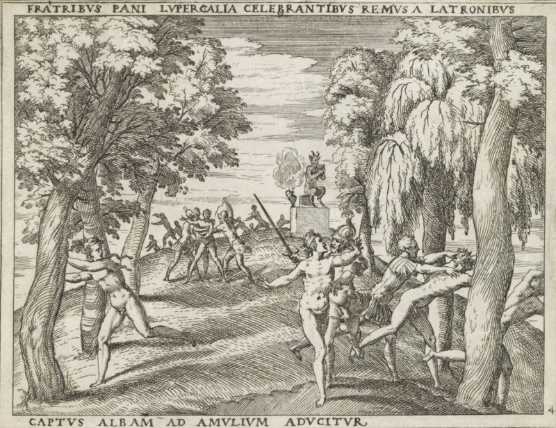 Fratribus pani lupercalia, Amulium aducitur, The Lupercalia and the capture of Remus, Life of Romulus and Remus, print, album page, Series number, 4, 27, A group of naked men celebrate during the Lupercalia. The festivities are disrupted by the soldiers of Amulius who capture Remus., printmaker: Giovanni Battista Fontana, Italy, 1572 - 1573, paper, etching, height 138 mm x width 180 mm, (story of) Romulus and Remus, Remus is captured during the festival of the Lupercalia and brought before Amulius, A finely detailed black and white line engraving shows a wooded landscape with tall trees framing a clearing where numerous nude and partially dressed male figures move and struggle; some figures embrace or grapple with each other, one figure wears a helmet and holds a spear while others gesture and reach outward; in the middle distance a raised platform or altar supports a small statue next to a vessel emitting smoke; the ground is patterned with flowing lines indicating terrain and the sky...