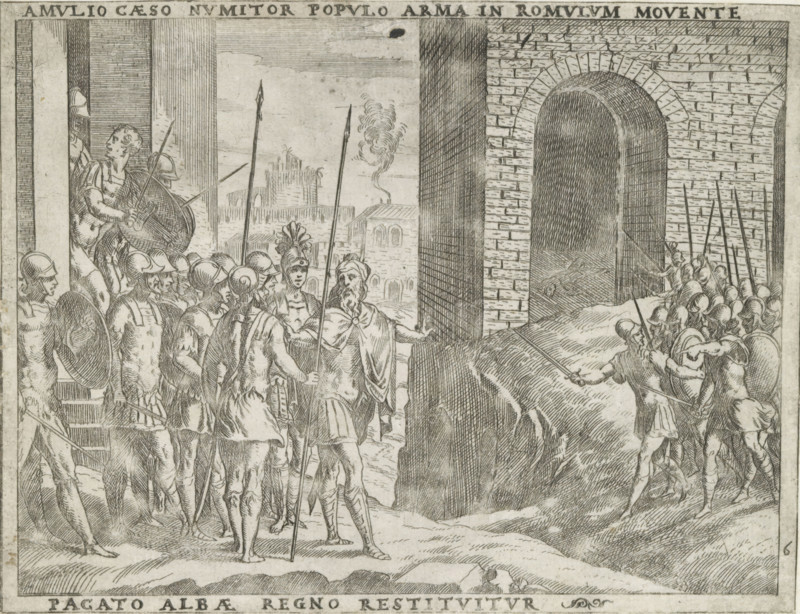 Numitor becomes ruler of Alba again, Amulio caeso Numitor, regno restituuitur, Life of Romulus and Remus, print, album page, Series number, 6, 27, Numitor is reinstated as ruler of Alba after the death of his brother Amulius. Numitor is surrounded by soldiers. On the right a stone building., printmaker: Giovanni Battista Fontana, Italy, 1572 - 1573, paper, etching, height 140 mm x width 180 mm, (story of) Romulus and Remus, Romulus and Remus restore the crown of Alba Longa to their grandfather Numitor, A detailed black and white engraving showing a large group of armed men gathered at a fortified stone gateway, many wearing helmets and carrying spears and shields, some with draped cloaks and one with a feathered helmet, a bearded figure at the front gesturing toward the archway, another figure standing partly behind a column holding a round shield, soldiers advancing through and near the arched entrance while others stand on a rocky slope, a cityscape with buildings and rising smoke vi...