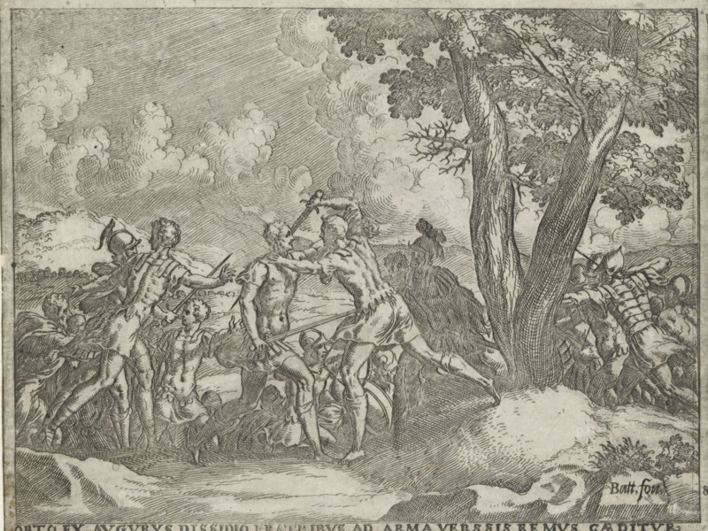 Romulus and Remus fighting, Orto ex Augurs, Remus Caeditur, Life of Romulus and Remus, print, album page, Series number, 8, 27, Due to the judgment of the Augurs, Romulus and Remus quarrel. Romulus and his followers fight Remus and his followers. The fight ends with the death of Remus., printmaker: Giovanni Battista Fontana, Italy, 1572 - 1573, paper, etching, height 140 mm x width 182 mm, (story of) Romulus and Remus, suffering, misfortune of Romulus and Remus - death, (story of) Romulus and Remus - aggressive, unfriendly activities and relationships, A densely detailed black and white engraving shows a group of figures in dynamic poses on a rocky landscape beneath a sky filled with swirling clouds and diagonal hatch shading; several partially nude and clothed men are clustered, some reaching or grasping at one another and holding spears or helmets, one figure appears to be pulling another by the shoulder while others crouch or lie on the ground; to the right a large tree with texture...