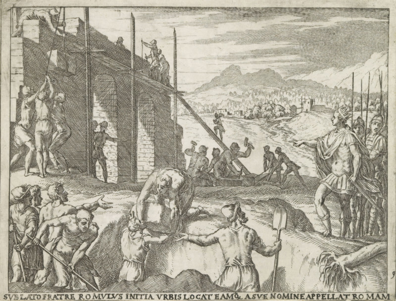 Sublato fratre Romulus, appellat Romam, Romulus builds a city and calls it Rome, Life of Romulus and Remus, print, album page, Series number, 9, 27, The followers of Romulus build the city of Rome. On the right, Romulus is pointing with a crown on his head., printmaker: Giovanni Battista Fontana, Italy, 1572 - 1573, paper, etching, height 135 mm x width 180 mm, (story of) Romulus and Remus, Romulus lays the foundation of Rome, Rome, A detailed black and white engraving shows a busy scene with many human figures engaged in building and activity along a riverside. On the left, workers raise a large wooden structure against a masonry wall using ropes and levers while others stand on scaffolding and platforms. In the foreground, several men strain and pull with ropes and tools, one bending over another who is crouched, and a group gestures and reaches toward the work. Toward the center, men push a long pole or plank that rests on a ramp leading down to the water where more figures stand in...