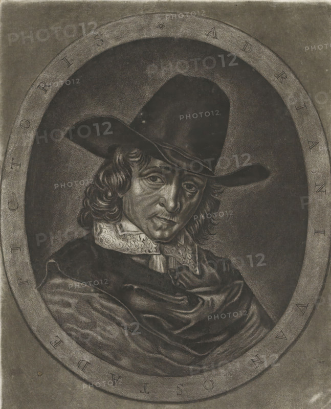 Portrait of Adriaen van Ostade, print, album page. The painter is wearing a hat. In an oval frame, an inscription with the name and profession of the sitter. This print is part of an album., printmaker: Jacob Gole, Amsterdam, after drawing by Adriaen van Ostade, Haarlem, grantor of privilege: States of Holland, 1670 - 1724, 1846 - 1853, paper, mezzotint, aquatint, etching, aquatint and etching, height 228 mm x width 173 mm, height 350 mm x width 262 mm, Person, portrait, self-portrait of artist, A monochrome engraved portrait shows a person with shoulder-length wavy hair wearing a wide-brimmed hat and a high lace collar; the face is rendered with detailed shading, showing prominent cheekbones, a defined nose, and a contemplative gaze. The figure is draped in heavy, textured clothing with deep folds and a hand partially visible near the chest. The portrait is set within an oval frame that has a textured border, and the surrounding background is dark and stippled. The overall image has a...