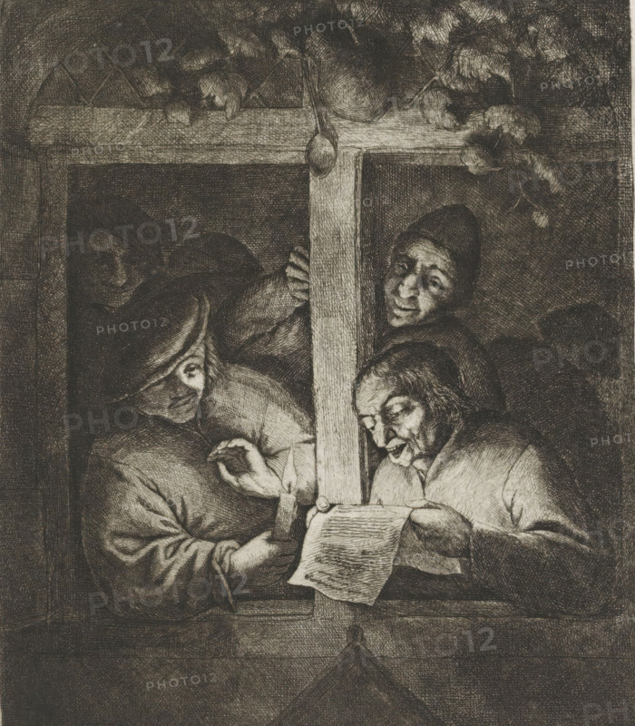 Three singers in an open window by candlelight, print, album page, Satire on the literary gatherings of the rhetoricians. The diamond-shaped coat of arms below the window refers to this; normally, this shield bore the coat of arms of the rhetoricians. The wine jug can also be linked to them, as the wine provided inspiration for their activities. This print is part of an album., printmaker: Adriaen van Ostade, Haarlem, 1666 - 1670, 1846 - 1900, paper, etching, intaglio printmaking technique, etching with plate tone, height 240 mm x width 192 mm, height 352 mm x width 262 mm, vocal music, singing, human figure at (open) window, seen from outside - AA - feigned window, candle (kindling a light, lit, burning light, lamp, candle), A monochrome etching shows a close view through a wooden-framed window where several figures crowd together; a person on the left holds a lit candle, another person to the right leans forward reading from a sheet of paper, and a face above peers over the frame wit...