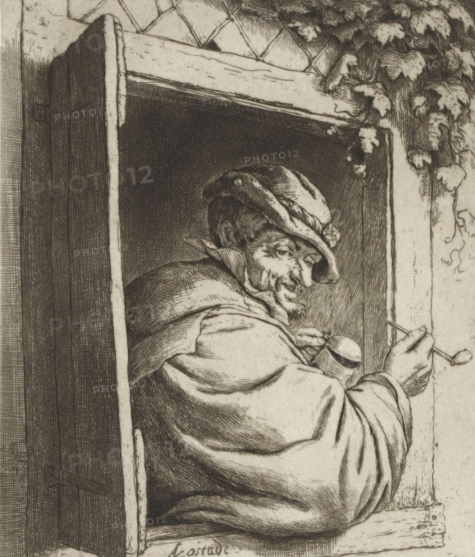 Smoking farmer in a window opening, print, album page, Farmer or man with pipe and drinking cup in a window opening with a shutter opening outwards. The print is part of a portfolio., collector's mark: 'B', printmaker: Adriaen van Ostade, Haarlem, after drawing by Adriaen van Ostade, supervision: EH Kok, printer (person): J. Scheffer, printer (person): Enschedé & Zn., Johan, 1648 - 1650, 1941, Adriaen van Ostade, EH Kok, J. Scheffer, Enschedé & Zn., printmaker, after drawing by, supervision, printer (person), paper, etching, galvanized, etching printed from a galvanized plate, height 199 mm x width 157 mm, pipe, tobacco, male sex, man, window, A detailed monochrome etching shows an older man leaning from a window frame, wearing a brimmed hat with a decorative knot and a heavy cloak with folded fabric, his face turned in three-quarter profile revealing a beard, pronounced facial lines, and a slight smile; one hand holds a small round object while the other hand holds a thin implement, a...