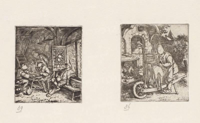 Knife sharpener at work at a shoemaker's, print, album page, A knife sharpener sharpens the tools of a shoemaker who is sitting in his small workshop in front of a house. The print is part of a portfolio and is printed with another print on a single album page., collector's mark: 'B', printmaker: Adriaen van Ostade, Haarlem, supervision: EH Kok, printer (person): J. Scheffer, printer (person): Enschedé & Zn., Johan, 1669 - 1673, 1941, printer (person), paper, etching, galvanized, etching printed from a galvanized plate, height 86 mm x width 75 mm, male sex, man, tools, aids, implements, crafts and industries: grindstone, shoe-maker, cobbler, sharpening, grinding (industrial processes), Two rectangular sepia-toned etching panels sit side by side on a pale background, each depicting a rustic interior scene with figures and furniture. The left panel shows a low-beamed room with a window featuring a diamond lattice, a slanted cupboard or ladder against the wall, a table cluttered with obje...