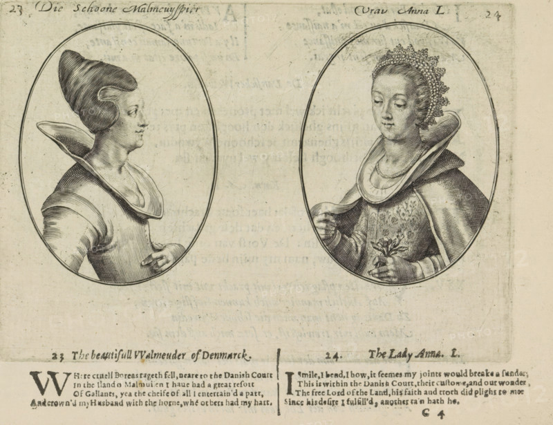 The beautiful Malmeuyspier, Mrs. Anna L., Portraits of the courtesans named Beautiful Malmeuyspier and Mrs. Anna L., Mirror of the most beautiful courtesans of this time, print, album page, Series number, 23-24, 40, Two depictions on an album page. On the left the courtesan named Beautiful Malmeuyspier and on the right Mrs. Anna L., both from Denmark. Below that two quatrains in English. The sheet is part of an album., printmaker: Crispijn van de Passe (II), Utrecht, 1635, writer (clerical worker), printer (person), paper, engraving, letterpress printing, text in letterpress, height 109 mm x width 152 mm, herding, herdsman, herdswoman, shepherd, shepherdess, cowherd, Two oval medallion portraits appear side by side on aged paper, each showing a bust of a woman in historical dress rendered in fine engraved lines; the left portrait shows a woman in profile facing right with hair styled high and rounded at the back, a pronounced wide collar framing her neck, a fitted bodice, and one hand ...