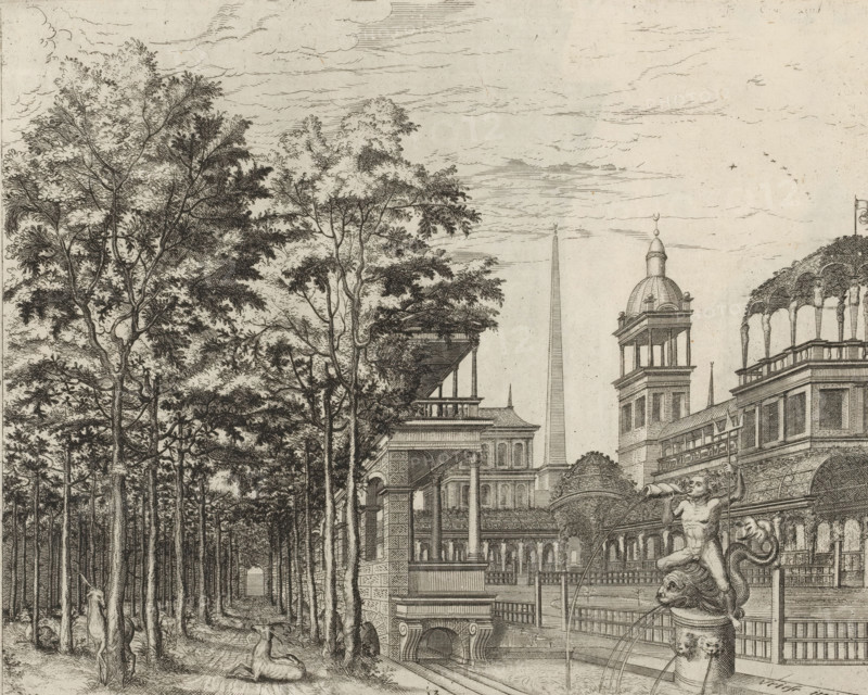 Tree-lined avenue and palace garden, Variae architecturae formae, print, album page, ornamental print, Series number, 13, 20, Left a tree-lined avenue with two deer. Right a palace garden with various galleries and a fountain with a triton riding on a fish and blowing on a shell., printmaker: Johannes or Lucas van Doetechum, Antwerp, after design by Hans Vredeman de Vries, publisher: Theodoor Galle, 1601, paper, engraving, gravure, height 206 mm x width 260 mm, statues, sculptures in garden, palace, hoofed animals: deer, A detailed black and white engraving showing a row of tall leafy trees on the left with a path running beneath them and several reclining and standing deer among the trunks, transitioning to an ornate classical cityscape on the right that includes a colonnaded building with balconies, a domed tower, a slender obelisk, and decorative architectural elements; in the foreground on the right a sculpted fountain features a muscular seated figure and a lionlike head spouting ...