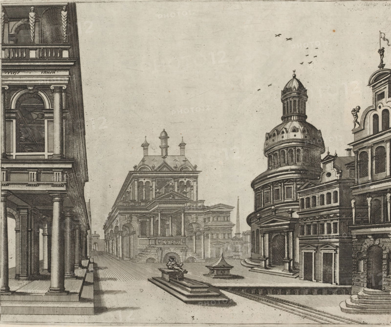 Square with a small fountain and various buildings, Variae architecturae formae, print, album page, ornamental print, Series number, 3, 20, Square with a fountain and various buildings. On the right stand residential houses and a round church. On the left a colonnade. On the square stands a public building whose entrance is accessible via a double staircase with a landing., printmaker: Johannes or Lucas van Doetechum, Antwerp, after design by Hans Vredeman de Vries, publisher: Theodoor Galle, publisher: Hieronymus Cock, grantor of privilege: Philip II of Spain, 1601, paper, engraving, height 210 mm x width 256 mm, Hieronymus Cock is the former publisher of the print., colonnade, square, circus, city-view, and landscape with man-made constructions, ornamental fountain, A detailed black and white architectural engraving shows a city street flanked by classical buildings with columns, arches, balustrades, and ornate facades. On the left, a building with tall columns and an arched window o...