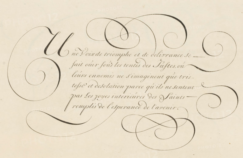 Writing example: Une Voix de triomphe et de delivrance, print, album page, ornament print, printmaker: Bastiaan Boers, printmaker: Maarten Boers, 1660 - 1751, paper, engraving, height 208 mm x width 325 mm, calligraphy, A cream-colored sheet fills the image with flowing dark ink calligraphic flourishes and looping ornamental swirls across the top, sides, and lower area, interspersed with a block of fine, cursive writing rendered in a delicate slanted hand; the ink varies in thickness, producing bold strokes and thin hairlines, and the paper shows slight age-toned specks and subtle texture.