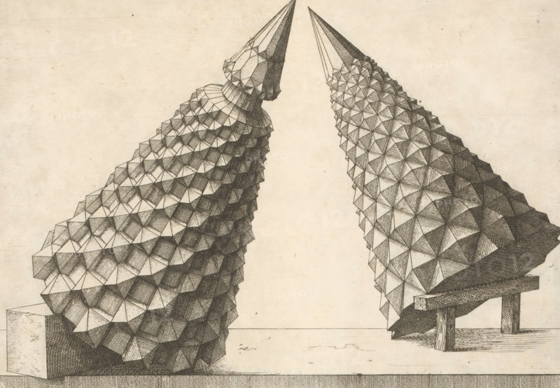Two polyhedra with a cone as a starting point, print, book illustration, page, Complex geometric figures (polyhedra). Numbered: H.III. This print is part of a book., printmaker: Jost Amman, after design by Wenzel Jamnitzer, Nuremberg, 1568, Bavaria, paper, etching, height 262 mm x width 180 mm, Two tall pointed cone-like forms face each other against a pale textured background, each surface covered in a repeating pattern of small geometric facets with hatched shading; the left form sits on a rectangular base and has layered, spiraling rows of facets creating a scalloped appearance, while the right form rises from a simple support structure with visible legs and a platform, its facets arranged in tighter, more uniform rows; fine stippling and crosshatching define shadows and contours, and the entire scene has the look of a precise ink drawing on aged paper.