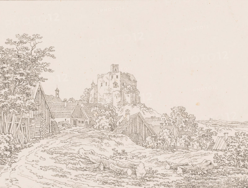 View of a castle near a city, Templates for Landscape Artists, Examples for the Landscape Artist, print, Series number, 12, printmaker: Max Josef Wagenbauer, 1823, paper, lithography, height 368 mm x width 295 mm, Part of a two-part series, the second part of which consists of a title print and twelve depictions of branches, leaves, trees, and landscapes., landscape with tower or castle, A detailed pencil drawing shows a rural scene with a dirt path leading past stacked logs and wooden fences toward a cluster of timber-roofed houses and small outbuildings. Trees with textured foliage rise beside the buildings, and shrubs and low vegetation fill the foreground and spaces between structures. In the middle distance a multi-towered stone castle sits atop a rocky rise, its walls and windows rendered with fine linear shading. Rooflines, chimneys, and small steeples punctuate the village, and felled tree trunks lie in the grassy area near the path. The sky above is mostly empty, leaving the a...