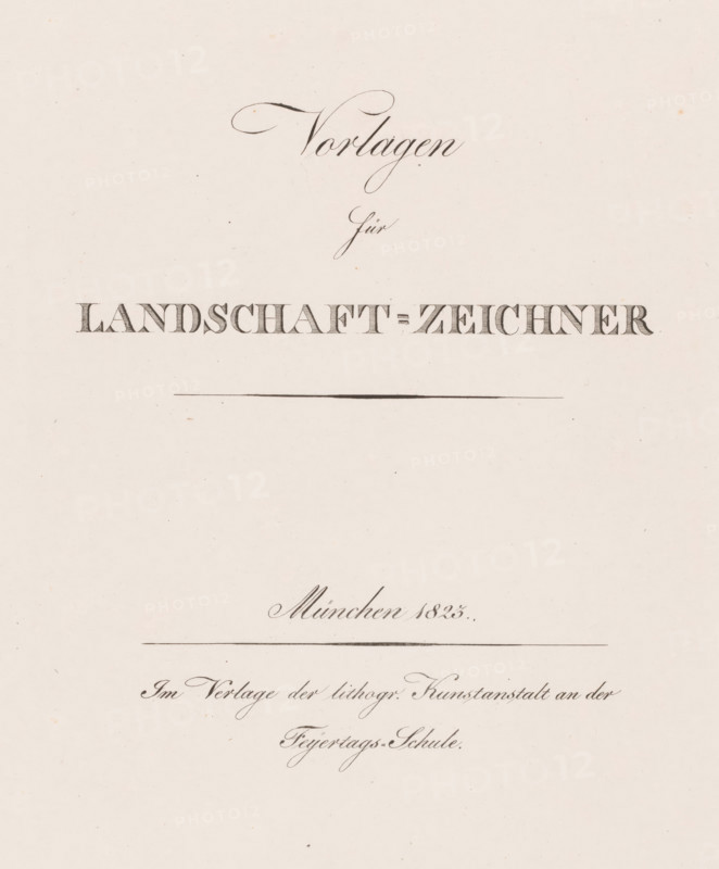 Title print for the second part of the print series 'Examples for the Landscape Artist', Examples for the Landscape Artist, Vorlagen für Landschaft-Zeichner, print, title print, printmaker: Max Josef Wagenbauer, publisher: Kunstanstalt an der Feyertags-Schule, Munich, 1823, Bavaria, paper, lithography, height 375 mm x width 290 mm, Part of a two-part series of which the second part consists of a title print and twelve depictions of branches, leaves, trees and landscapes., trees, The image shows a pale, slightly textured sheet with dark, ornate calligraphic lines and flourishes arranged horizontally across the upper and middle areas; there are two thin horizontal rules, one near the upper center and one near the middle, and decorative, elegant cursive strokes and shading above and below those lines, with small ink spots and subtle paper speckles scattered across the background.