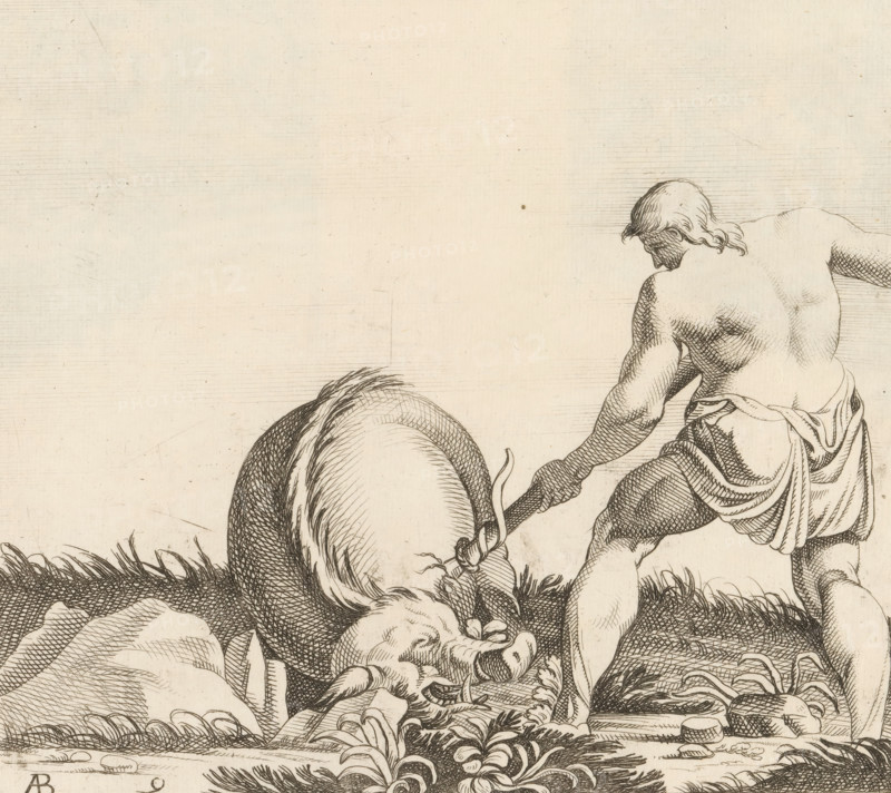 Hercules with the boar of Erymanthus, Galerie des peintures qui sont dans la ball du bal à Fontainebleau, Paintings from the ballroom of Fontainebleau castle, print, album page, Series number, 9, 14, Print is part of an album., printmaker: Alexandre Bettou, after painting by Francesco Primaticcio, Fontainebleau, 1622 - 1693, paper, etching, height 211 mm x width 218 mm, (4) the Erymanthian boar is captured by Hercules, A detailed pen-and-ink drawing shows a muscular male figure seen from the back, wearing a draped cloth around his waist and reaching down with one arm; nearby is a large coiled animal tail and the head of a beast lying on the ground with curled horns and an open mouth, surrounded by textured grass, low plants, and scattered stones, all rendered with fine crosshatching and line work on a lightly textured pale background.