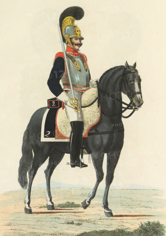 Curassier, on horseback, in large uniform, print, A Dutch cuirassier of the 2nd Regiment of Cuirassiers, in large uniform. Plate 32. Uniform representation in 'Description of the Royal Dutch Troops' by JF Teupken, 1823., printmaker: Abraham Lion Zeelander, Netherlands, after drawing by J. en VH, publisher: Jan Frederik Teupken, publisher: Gebroeders van Cleef, printer (person): Giunta d'Albani, Gebroeders, The Hague, 1823, Abraham Lion Zeelander, J. en VH, Jan Frederik Teupken, Gebroeders van Cleef, Giunta d'Albani, printer (person), J. and VH, paper, etching, engraving, hand coloring, etching and engraving, hand colored, height 300 mm x width 205 mm, (military) uniforms, uniform, Period, 1820 - 1823, A mounted soldier in ornate uniform sits astride a dark horse; the soldier wears a tall, gold helmet topped with a black plume and a decorative crest, a metallic breastplate with red shoulder coverings, dark sleeves, white gloves, and high black riding boots, and he holds a long lance and...