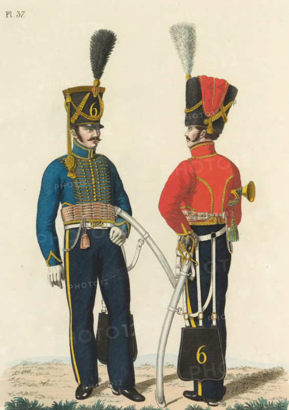 Hussar and Trumpeter, on foot, print, A Dutch hussar and a trumpeter of the 6th Hussar Regiment, on foot. Plate 37. Uniform representation in 'Description of the Royal Dutch Troops' by JF Teupken, 1823., printmaker: Dirk Sluyter, Netherlands, after drawing by Bartholomeus Johannes van Hove, publisher: Jan Frederik Teupken, publisher: Gebroeders van Cleef, printer (person): Giunta d'Albani, Gebroeders, The Hague, 1823, Dirk Sluyter, Bartholomeus Johannes van Hove, Jan Frederik Teupken, Gebroeders van Cleef, Giunta d'Albani, printer (person), paper, etching, engraving, hand coloring, etching and engraving, hand colored, height 300 mm x width 205 mm, (military) uniforms, uniform, hussars, Period, 1820 - 1823, Two uniformed men stand facing each other, one shown frontally and the other in profile, both wearing tall fur hats topped with plumes and adorned with gold braiding; the man on the left wears a blue jacket with elaborate gold frogging, a wide woven sash around his waist, dark trouse...