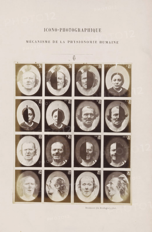 Overview of subjects with various facial expressions: 'un vieillard' and 'une jeune femme', Icono-Photographique, photograph, page, Unnumbered page with photo 6 from Mécanisme de la physionomie humaine ou analyze électro-physiologique de l'expression des passions (Atlas)., photographer: Guillaume Benjamin Amand Duchenne, France, publisher: JB Baillière et Fils, Paris, c. 1860 - in or before 1862, Guillaume Benjamin Amand Duchenne, JB Baillière et Fils, photographer, publisher, paper, albumen print, albumendruk, height 135 mm x width 113 mm, adult woman, experiment, test, science and technology, old man, face, morphology of facial expression, physiology and anatomy, physiognomy, nervous system, neurology, A sheet with a grid of oval portrait photographs arranged in rows and columns, each portrait mounted on a dark square background; many portraits show close-up faces with varying facial expressions and some faces partially obscured by dark oval shapes, while others show profile views; t...