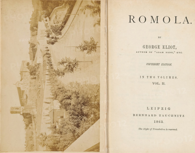 Romola, book, retailer's mark: 'Edward Goodban', inscription: 'vol. II 29 albumines dont, 9 reproductions', bookplate: 'Pax et spes, IA Pease', writer (clerical worker): George Eliot, publisher: Bernhard Tauchnitz, Leipzig, 1863, George Eliot, Bernhard Tauchnitz, writer (clerical worker), publisher, Saxony, pasteboard, biological material, paper, parchment (animal material), textile materials, letterpress printing, albumen print, color cut, gold print, whipsaw comb marble, height 160 mm x width 120 mm x thickness 30 mm, A two-page spread showing an open book with a sepia-toned photographic image on the left page and a pale blank page on the right, the left side containing an upside-down landscape photograph featuring buildings, trees, and pathways with variations in foliage density and architectural shapes, and the right side showing a light-colored page with faint printed markings and small spots of aging and discoloration, a vertical crease near the center where the pages meet, and o...