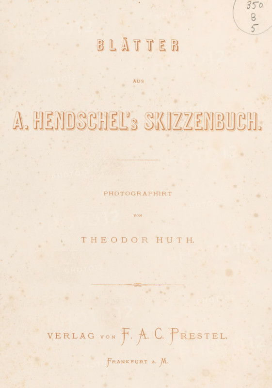 Pages from A. Hendschel's Sketchbook, wrapper, Cover with 50 photos on 48 pages, a list of illustrations and a title page., inscription: '257, 1 + 2 + 7', inscription: 'A..., 1265, all 49 pages, complete., f 15, =', photographer: Theodor Huth, after design by Albert Hendschel, photographer: Ferdinand August Christian Prestel, Frankfurt am Main, c. 1870, Theodor Huth, Albert Hendschel, Ferdinand August Christian Prestel, photographer, after design by, Hessen, textile materials, pasteboard, paper, linen (material), albumen print, printing, gold print, height 332 mm x width 254 mm x thickness 34 mm, A cream-colored page with an aged, spotted texture and several lines of decorative copper-colored serif lettering spaced vertically, a larger bold outlined title near the top, a thin horizontal ornament about midway, and more smaller serif lines and ornamental flourishes toward the lower half, with a faint circular stamp mark near the upper right edge.