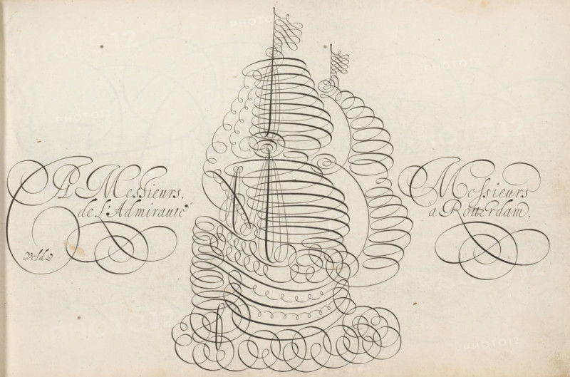 Writing example with admiral's ship, Spieghel der schrijfkonste, print, album page, ornamental print, Admiral's ship drawn from a single continuous line. The line runs from the bottom right to the left halfway up the mast. Two lines of text on both sides of the ship., printmaker: Simon Frisius, Haarlem, after design by Jan van de Velde (I), Rotterdam, dedicated to: Admiralty of Rotterdam, 1605, paper, engraving, gravure, height 210 mm x width 320 mm, ships (in general), calligraphy, A cream-colored sheet with fine black ink calligraphic flourishes forming a large central ornamental shape composed of overlapping spiral loops and vertical strokes, with smaller swirling loops and rounded coils decorating its base and sides, and two large symmetrical looping ornaments positioned toward the left and right edges connected by elegant curving lines, all drawn in a thin consistent pen line on a slightly aged paper background.