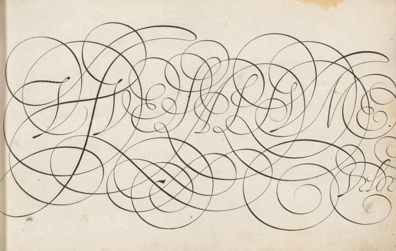 Writing example: Vive la plume, Mirror of Writing Konste, print, album page, ornament print, In excessively curled and interwoven Italian capital letter the text: Vive la plume. Bottom right: Velde., printmaker: Simon Frisius, Haarlem, after design by Jan van de Velde (I), Rotterdam, 1605, paper, engraving, height 210 mm x width 320 mm, calligraphy, A cream-colored page with a slightly aged texture is covered by many overlapping thin black curved lines and elegant looping flourishes that traverse the surface in sweeping arcs and spirals, with some lines varying subtly in thickness and ending in tapered points or teardrop shapes, and faint smudges and small stains visible on the background.