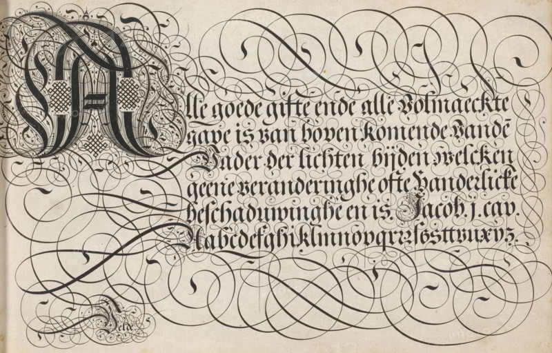 Writing example: Alle goede gifte, Spieghel der schrijfkonste, print, album page, ornamental print, Writing example with ornamented initial A and six lines of text: Alle goede gifte ... (James 1). The example ends with a lowercase alphabet in the hand in question. The text is framed by scrollwork., printmaker: Simon Frisius, Haarlem, after design by Jan van de Velde (I), Rotterdam, 1605, paper, engraving, gravure, height 210 mm x width 320 mm, calligraphy, An aged paper sheet filled with dense black ornamental calligraphy and elaborate swirling flourishes, featuring a large decorative capital on the left composed of thick shaded strokes and patterned fill surrounded by intricate filigree, a block of tightly spaced gothic-style letterforms occupying the upper right with delicate ornamental curls and small botanical-like embellishments woven between the strokes, and extensive looping arabesques that flow across the lower half of the sheet forming layered curving ribbons and teardrop-shap...