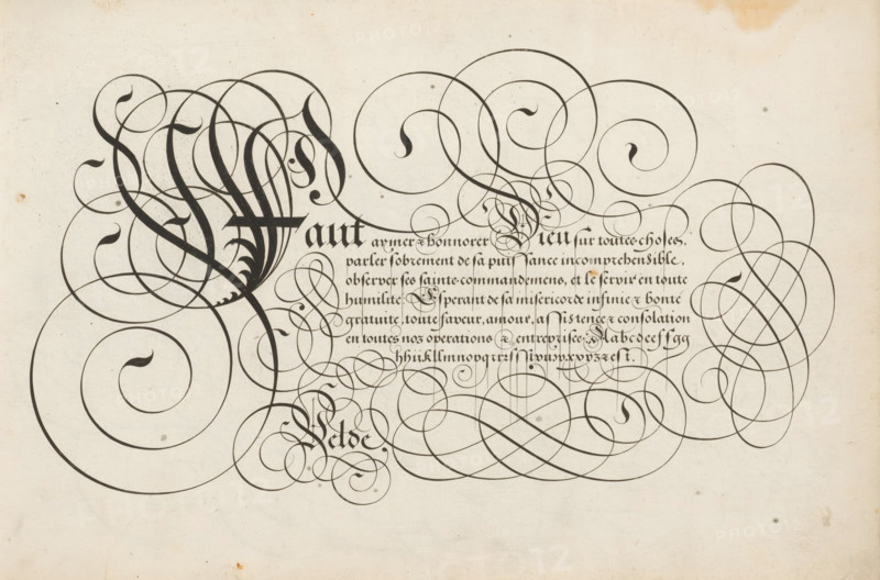 Writing example: Faut aymer, Spieghel der schrijfkonste, print, album page, ornamental print, Writing example with ornamented initial F and seven lines of text: Faut aymer ... At the bottom a lowercase alphabet in the corresponding hand. The text is framed by scrollwork., printmaker: Simon Frisius, Haarlem, after design by Jan van de Velde (I), Rotterdam, 1605, paper, engraving, gravure, height 210 mm x width 320 mm, calligraphy, A large sheet with dark ornate calligraphic flourishes filling the upper and middle area, featuring thick and thin sweeping spirals and loops that interlace across the page, with a denser block of fine black script tucked among the swirls near the top center, and additional elegant looping strokes extending to the right and left margins, all set against a slightly aged, off-white paper background with small speckles and faint stains.