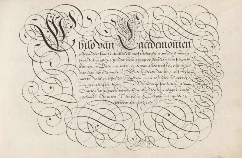 Writing example: Chilo van Lacedemonien, Spieghel der schrijfkonste, print, album page, ornamental print, Writing example with ornamented initials C and L and ten lines of text in Dutch: Chilo van Lacedemonien ... letters written. The text is framed by scrollwork., printmaker: Simon Frisius, Haarlem, after design by Jan van de Velde (I), Rotterdam, 1605, paper, engraving, gravure, height 210 mm x width 320 mm, calligraphy, An off-white sheet with dense dark calligraphic flourishes forming large looping curves across the top, sides, and bottom, framing a central block of ornate handwriting in a bold blackletter style; the flourishes vary in thickness and end in teardrop-shaped terminals, with some sections containing finer, tightly wound spirals and dots; the paper shows a subtle textured grain and small scattered specks and faint smudges, and the overall composition is symmetrical with heavy decorative swirls concentrated around the edges and lighter script strokes in the middle.