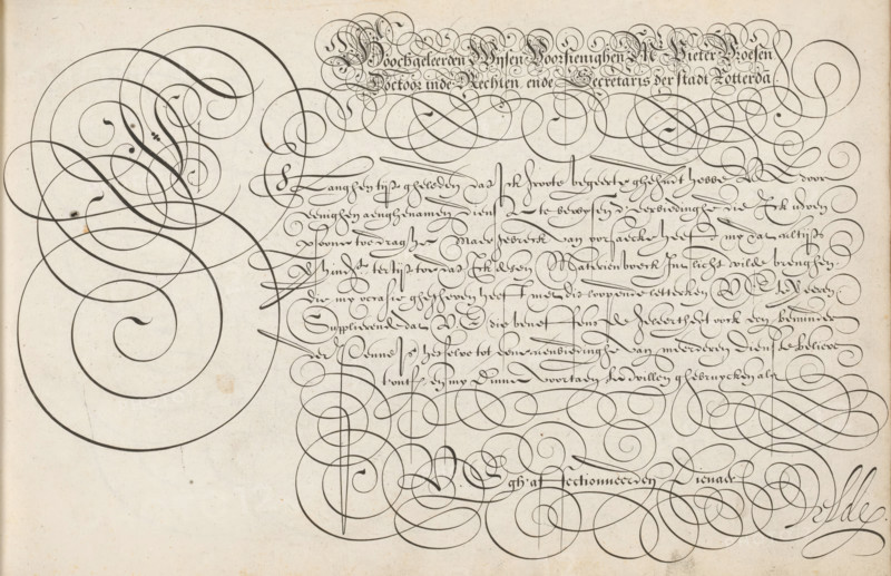 Writing example: Hoochgeleerden Wijsen, Spieghel der schrijfkonste, print, albumblad, ornamentalprent, Writing example with the opening: Hoochgeleerden Wijsen Voorsienighen Mr Pieter Vroesen, Doctor of Law and Secretary of the city of Rotterdam. Below that, in a different font, an ornamented initial and eight lines of text in Dutch. The text is framed by scrollwork., printmaker: Simon Frisius, Haarlem, after design by Jan van de Velde (I), Rotterdam, dedicated to: Pieter Vroesen, 1605, paper, engraving, gravure, height 210 mm x width 320 mm, calligraphy, A textured off-white sheet fills the image, covered with dense flowing dark ink strokes forming elaborate looping calligraphic swirls and flourishes that range from thick to thin. The inked lines create large circular spirals on the left and complex interwoven loops across the top and right, with smaller graceful curves and ornate penmanship clustered in horizontal bands toward the center. Some areas show tiny ink blots and faint paper...