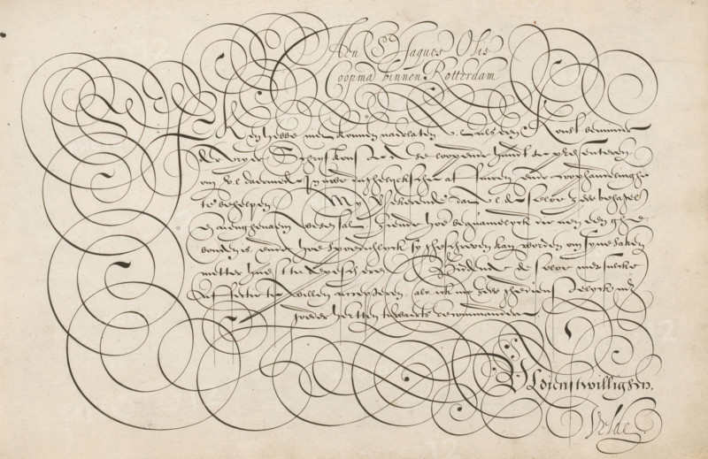 Writing sample: To S. Jacques Olis, Mirror of the Art of Writing, print, album page, ornamental print, merchant in Rotterdam. Below that, in a different font, an ornamented initial I and nine lines of text in Dutch: I have not been able to neglect ... The text is framed by scrollwork., printmaker: Simon Frisius, Haarlem, after design by Jan van de Velde (I), Rotterdam, dedicated to: Jan Olis, 1605, paper, engraving, gravure, height 210 mm x width 320 mm, calligraphy, A sheet filled with dark ink flourishes and cursive strokes on an off-white, slightly textured background, showing dense, looping ornamental lines that sweep across the page and interlace with finer, tightly written calligraphic lines clustered toward the upper center and right. The left side is dominated by broad, overlapping spirals and large curved strokes that extend toward the center, while the lower portion contains additional sweeping loops that weave together. The right edge features a vertical line of elegant, flo...