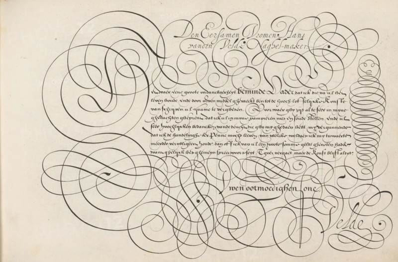 Writing sample: To the honorable pious Hans vanden Velde, Mirror of the Art of Writing, print, album page, ornamental print, Writing sample with the opening: To the honorable pious Hans vanden Velde nail-maker. Below that, in a different font, an initial H and eight lines of text in Dutch: To which a great indifference ... The text is framed by scrollwork., printmaker: Simon Frisius, Haarlem, after design by Jan van de Velde (I), Rotterdam, dedicated to: Hans van de Velde, 1605, paper, engraving, gravure, height 210 mm x width 320 mm, calligraphy, A sheet with dense black ink flourishes and looping ornamental strokes sweeping across a light, slightly textured background, including large circular spirals and overlapping curving lines that form intricate scrollwork dominating the left and center, a vertical column of tight stacked ovals and a small circular face-like arrangement at the right edge, a block of smaller, tightly spaced cursive-style penmanship near the upper center composed ...