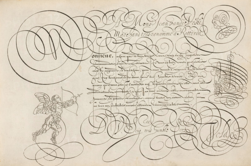 Writing example: A Mons. Jean van de Veke, Spieghel der schrijfkonste, print, albumblad, ornamentprent, Writing example with the opening: A Mons. Jean van de Veke. Marchand tres renomme à Rotterda(m). Below that, in a different font, an initial M and eight lines of text in French: Monsieur, sachant que de tous temps ... The text is framed by scrollwork, with a head in scrollwork next to the opening, Amor at the bottom left, and a ship in the middle right., printmaker: Simon Frisius, Haarlem, after design by Jan van de Velde (I), Rotterdam, dedicated to: Johan van der Veken, 1605, paper, engraving, gravure, height 210 mm x width 320 mm, cupids: 'amores', 'amoretti', 'putti', ships (in general), head (human), calligraphy, A faded off-white sheet filled with elaborate dark ink flourishes and curving lines forming large looping spirals and ornate calligraphic swashes; the upper left shows a cluster of concentric circular loops, while sweeping ornamental strokes thread across the top and mi...