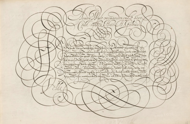 Writing sample: To the widely renowned, Mirror of the Art of Writing, print, album page, ornamental print, Writing sample with the opening: To the widely renowned and very conscientious Lord H. Goltius. Below that, in a different font, an initial I and eight lines of text in Dutch: I would ... The text is framed by scrollwork., printmaker: Simon Frisius, Haarlem, after design by Jan van de Velde (I), Rotterdam, dedicated to: Hendrick Goltzius, 1605, paper, engraving, gravure, height 210 mm x width 320 mm, calligraphy, A cream-colored sheet covered with dense, flowing dark ink flourishes that form large looping curves and intertwined spirals around a central block of ornate cursive script, with elegant thin and thick strokes creating symmetrical decorative swirls along the top, sides, and bottom, and faint paper texture and subtle smudges visible across the background.