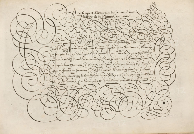 Writing example: A tres expert, Spieghel der schrijfkonste, print, album page, ornamental print, Writing example with the opening: A tres expert escrivain Felix van Sambix. Maistre de la Plume Couronnée. Below that, in a different font, an initial P and eight lines of text in French: Plusieure peut estre ... At the bottom: Aisné Velde. The text is framed by scrollwork., printmaker: Simon Frisius, Haarlem, after design by Jan van de Velde (I), Rotterdam, dedicated to: Felix van Sambix, 1605, paper, engraving, gravure, height 210 mm x width 320 mm, calligraphy, A sheet with dark flowing ink flourishes and ornamental spirals sprawling across a pale, textured background, featuring dense looping curves concentrated toward the center and edges, finer curving lines forming a rectangular block of tightly spaced script-like strokes near the top center, and larger broad strokes creating overlapping circular swirls around the sides and lower area, all rendered in a single dark brown ink on an age...