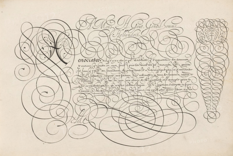Writing sample: A Mons H. Gout, Spieghel der schrijfkonste, print, album page, ornamental print, Writing sample with the opening: A mons H. Gout gentil-homme Hollandois. Below that, in a different font, an initial X and seven lines of text in French: Xenocrates dit q(ui)l n'y a ... The text is framed by scrollwork., printmaker: Simon Frisius, Haarlem, after design by Jan van de Velde (I), publisher: Jan van de Velde (I), Rotterdam, dedicated to: H. Gout, 1605, Simon Frisius, Jan van de Velde (I), H. Gout, printmaker, after design by, publisher, paper, engraving, gravure, height 210 mm x width 320 mm, calligraphy, A cream-colored sheet filled with dark flowing ink flourishes that form large looping spirals and curving lines across the page, with a dense cluster of small, tightly wound loops arranged in a vertical conical shape near the right edge, and another ornate cluster of overlapping spirals and curved strokes on the left that create layered circular motifs; between these ornamenta...