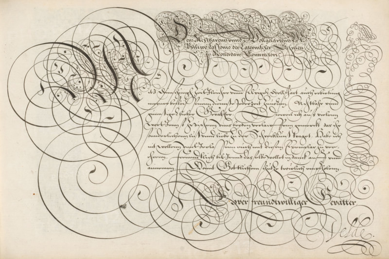 Writing sample: Den achtbarem unnd volgelartem, Spieghel der schrijfkonste, print, album page, ornamental print, Writing sample with the opening: Den achtbarem unnd volgelartem Mr Philippo Lassonio der lateynischer schulen In Rotterdam connrectori. Below that an ornamented initial M(?) and eight lines of text in German. Signed: Euuer freundtwilliger gevatter, Velde. The text is framed by scrollwork. On the right a herme or border column in scroll work., printmaker: Simon Frisius, Haarlem, after design by Jan van de Velde (I), Rotterdam, dedicated to: Philips Lasson, 1605, paper, engraving, gravure, height 210 mm x width 320 mm, calligraphy, A sheet of aged paper filled with dense black ink flourishes and calligraphic loops forming large spirals and intricate decorative swirls that cover much of the surface, with thicker curved strokes interweaving thinner filigree lines and small teardrop-shaped accents; a cluster of tightly wound ornamental loops occupies the upper right edge while ex...