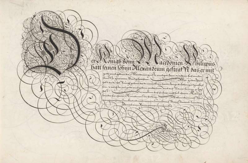 Writing example: Der konigh vonn Macedonien, Spieghel der rijkonste, Thrésor litéraire, print, album page, ornament print, Writing example with ornamented initials D, K, M and P and ten lines of text in German: Der konigh vonn Macedonien ... The text is framed by curling work., printmaker: Simon Frisius, Haarlem, after design by Jan van de Velde (I), Rotterdam, 1605, paper, engraving, gravure, height 210 mm x width 320 mm, calligraphy, A sheet with dense black ornamental penwork forming large looping flourishes and curving lines across the upper left and center, with several thick dark curved strokes filled with fine filigree and dot patterns, and zones of tightly packed swirling motifs that create cloudlike shapes; the right side shows similar intricate loops and smaller clustered ornamental curls above a block of tightly written script formed in a dark ornate hand; faint pencil or ink guide circles and pale smudges are visible on the background, which is a light aged paper with small...