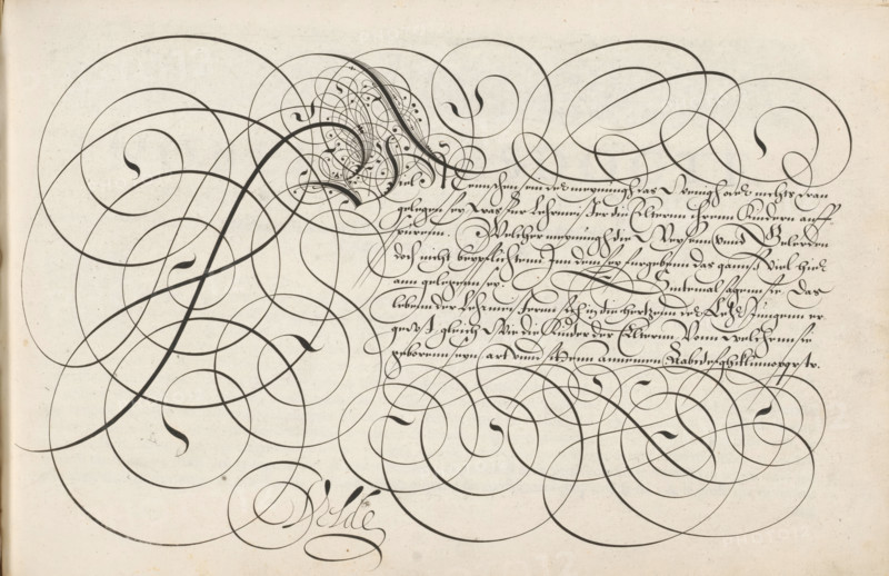 Writing example: Viel menschen, Spieghel der schrijfkonste, Thrésor litéraire, print, album page, ornamental print, Writing example with ornamented initial V and eight lines of text in German: Viel menschen ... At the bottom a lowercase alphabet in the corresponding hand. The text is framed by scrollwork., printmaker: Simon Frisius, Haarlem, after design by Jan van de Velde (I), Rotterdam, 1605, paper, engraving, gravure, height 210 mm x width 320 mm, calligraphy, A cream-colored sheet filled with flowing black ink flourishes that loop and spiral across the page, varying in thickness from thin hairlines to bold strokes; the upper right and lower left areas are dense with overlapping curlicues while the center-right shows a block of tightly spaced cursive strokes arranged in horizontal lines; small teardrop-shaped ink terminals appear at several curve ends and tiny clustered ornamental dots decorate a compact swirl near the top center; the paper surface shows subtle speckles and faint a...