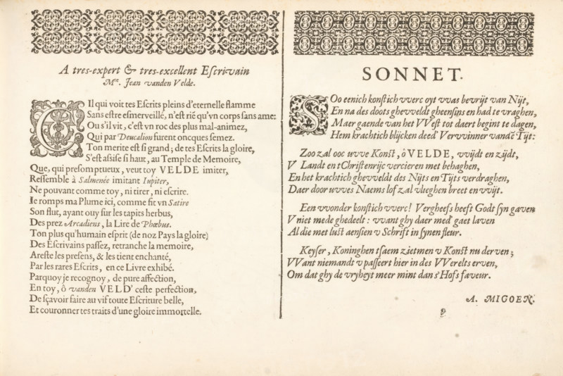Two threshold poems, Spieghel der schrijfkonste, Thrésor litéraire, album page, text sheet, Text sheet with a French and a Dutch threshold poem, in two columns. At the top two ornamental borders of fleurons and the decorated initials C and S. The text sheet is part of an album., writer (clerical worker): Abraham Migoen, writer (clerical worker): anonymous, publisher: Jan van de Velde (I), Rotterdam, 1605, writer (clerical worker), paper, letterpress printing, woodcut, text in letterpress, height 210 mm x width 315 mm, initial, The image shows a two-column page of printed text on aged paper with a decorative patterned border across the top and an ornamental vertical rule separating the columns. The left column contains a large ornate initial letter with intricate floral and scrollwork details at the start of a block of text, and the right column includes a different elaborate initial letter with floral decoration before its text. Both columns feature serif type in a dark ink and have va...