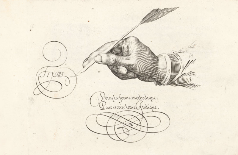 Right hand with quill, Spieghel der schrijfkonste, Thrésor litéraire, print, album page, ornamental print, Frysius writing. With two-line caption in French: Voicy la forme methodique ..., printmaker: Simon Frisius, Haarlem, after design by Jan van de Velde (I), Rotterdam, 1605, paper, engraving, gravure, height 171 mm x width 231 mm, height 210 mm x width 320 mm, calligraphy, quill, handwriting, writing as activity, A detailed ink drawing of a right hand holding a long quill pen, the hand rendered with fine crosshatching and visible fingernails, wrist emerging from a ruffled sleeve with flowing linework; to the left and below the hand are elaborate looping ornamental pen flourishes drawn in smooth dark strokes, and the background is a textured off-white paper with small spots and faint smudges.