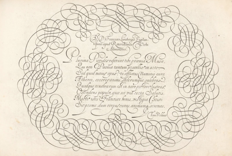 Writing example: DD Francisco Lansbergio, Thrésor litéraire, Spieghel der rijkonste, print, album page, ornament print, Writing example with the salutation: DD Francisco Lansbergio vigilantissimo apud Roterodamos verbi administro. Below that, eight lines of text in Latin: Plurima pieridus referunt ... Signed: Tuus Veldius. The text is framed by scrollwork., printmaker: Simon Frisius, Haarlem, after design by Jan van de Velde (I), Rotterdam, dedicated to: Franciscus Lansbergen, 1605, paper, engraving, gravure, height 210 mm x width 320 mm, calligraphy, A faded off-white page filled with dense, looping ornamental pen strokes forming an ornate circular frame around a block of flowing cursive script; the frame consists of continuous dark gray lines that intertwine into symmetrical, decorative knots and swirls around the perimeter, with additional ornamental curves extending inward and outward, while the central area contains neat, slanted handwritten lines in a darker ink with elegant flou...