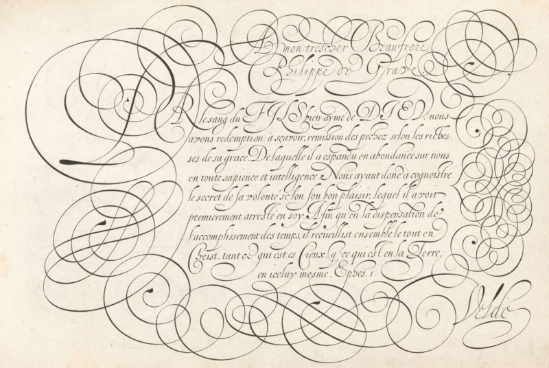 Writing example: A mon tres cher beaufrere, Thrésor litéraire, Mirror of writing skills, print, album page, ornament print, Writing example with the salutation: A mon tres cher beaufrere Philippe de Grave. Below that, nine lines of text in French: Par le sang du fils ... The text is framed with scrollwork., printmaker: Simon Frisius, Haarlem, after design by Jan van de Velde (I), Rotterdam, dedicated to: Philips de Grave, 1605, paper, engraving, height 210 mm x width 320 mm, calligraphy, A sheet of aged paper filled with ornate, flowing calligraphic strokes and large decorative swirls that loop and intersect across the page, with dense clusters of elegant pen flourishes framing the central area and sweeping curves extending toward the edges, all rendered in dark ink on a light, slightly textured background.