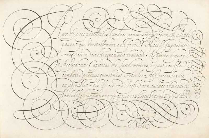 Writing sample: Lux choses perilleuses, Thrésor litéraire, Spieghel der schrijfkonste, print, album page, ornamental print, Writing sample with seven lines of text in French: Lux choses perilleuses ... The text is framed with scrollwork., printmaker: Simon Frisius, Haarlem, after design by Jan van de Velde (I), Rotterdam, 1605, paper, engraving, gravure, height 210 mm x width 320 mm, calligraphy, A pale aged paper filled with elegant dark ink calligraphy and large decorative flourishes, featuring looping spirals and sweeping curved lines that intertwine across the page, with a block of cursive script arranged in horizontal lines occupying the central area, dense ornamental swirls framing the left and bottom edges and a column of repeated looped motifs along the right edge, all drawn with varied line thickness and smooth flowing strokes on a lightly textured background.