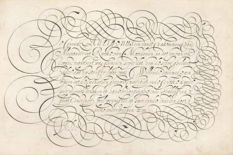 Writing example: The King Antigonus, Mirror of the Art of Writing, Literary Threat, print, album page, ornamental print, Writing example with eight lines of text in Dutch: The King Antigonus ... The text is framed with scrollwork., printmaker: Simon Frisius, Haarlem, after design by Jan van de Velde (I), Rotterdam, 1605, paper, engraving, gravure, height 210 mm x width 320 mm, calligraphy, A sheet with dense dark ink calligraphic flourishes and cursive writing on a light, slightly textured background, featuring large sweeping spiral loops framing and interweaving around finer, elegant cursive lines that run horizontally across the center, with ornate curlicues and overlapping rounded strokes filling the margins and corners, and faint paper imperfections visible near the edges.