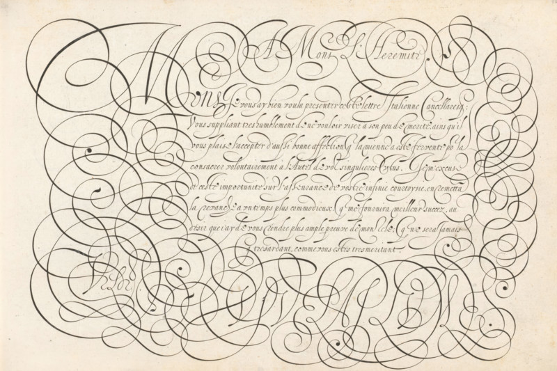 Writing example: A Mons. L'Heremite, Spieghel der schrijfkonste, Thrésor litéraire, print, album page, ornamental print, Writing example with the opening: A Mons. L'Heremite (Jacques l'Heremite or his namesake father?). Below that, eight lines in French: Mons. Je vous ay bien voulu ... The text is framed with scrollwork. Also the signature of Van de Velde in scrollwork., printmaker: Simon Frisius, Haarlem, after design by Jan van de Velde (I), publisher: Jan van de Velde (I), Rotterdam, dedicated to: Jacques l' Heremite (II), 1605, Simon Frisius, Jan van de Velde (I), Jacques l'Hemite (II), printmaker, after design by, publisher, paper, engraving, height 210 mm x width 320 mm, calligraphy, An aged rectangular sheet with a light beige background covered by densely looping dark ink flourishes that form large overlapping spirals and elegant curved strokes along the margins and center, with a band of more compact, flowing hand-drawn cursive lines across the upper middle area; the ink lines...