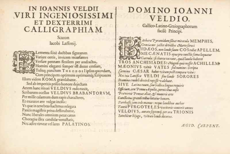 Two Latin threshold poems, Spieghel der Schriftkonste, album page, text sheet, Text sheet with two Latin threshold poems, starting with the decorated initials E and B. The text sheet is part of an album., writer (clerical worker): Jacob Lasson, Delft, writer (clerical worker): Aegidius Carpentier, publisher: Jan van de Velde (I), Rotterdam, 1605, writer (clerical worker), paper, letterpress printing, woodcut, letterpress text, height 210 mm x width 315 mm, initial, The image shows a two-column printed page on aged paper with a vertical dividing line between the columns. The left column features a large ornate initial decorated with floral and scroll motifs and multiple lines of serif text arranged in a justified block, with a larger bold heading near the top. The right column contains a similar ornate initial near its top followed by several lines of serif text in various sizes and weights, including a prominent centered title at the top of the column. Both columns display consistent s...