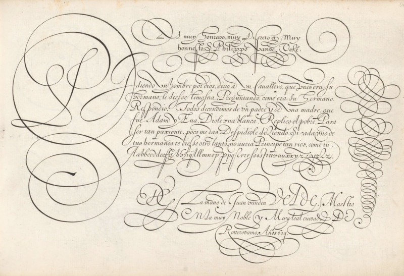 Writing example: Al muy honrado, Thrésor litéraire, Spieghel der schrijfkonste, print, albumblad, ornamentprent, muy discreto et muy honnesto, S. Philippo vande Veke(n). Below that, seven lines of text in Spanish: Pidiendo un hombre ... The text ends with a lowercase alphabet in the same hand and is signed: DG La mano de Juan vanden Velde ... Scrollwork on the right., printmaker: Simon Frisius, Haarlem, after design by Jan van de Velde (I), Rotterdam, dedicated to: Philip vande Veken, 1609, paper, engraving, gravure, height 210 mm x width 320 mm, calligraphy, A cream-colored sheet with delicate brownish ink showing ornate looping calligraphic strokes and large spiraling flourishes across the page, elegant cursive strokes arranged in horizontal lines in the center, dense decorative knots and interlaced loops along the right edge, oversized sweeping circular swirls dominating the left side, and smaller flowing ornamental curves and underlines scattered toward the lower area.