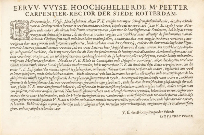 Dedication to Peeter Carpentier, Reverend, wise, highly learned Mr. Peeter Carpentier, Foundation Book, Mirror of the Art of Writing, album page, text sheet, Text sheet with dedication to Pieter de Carpentier. The text begins with a decorated initial E. The text sheet is part of an album., writer (clerical worker): Jan van de Velde (I), Rotterdam, dedicated to: Pieter de Carpentier (?-1620), 1605, writer (clerical worker), paper, letterpress printing, woodcut, text in letterpress, height 210 mm x width 315 mm, initial, A sheet of aged paper with printed serif text covering the upper and central areas, featuring a large decorative initial letter set within an ornate square ornament at the left of the main paragraph, a prominent bold headline centered across the top in larger capital letters, multiple lines of densely set body text arranged in justified blocks beneath the headline, a wide blank margin along the bottom, faint foxing and age spots scattered across the paper, and a small li...